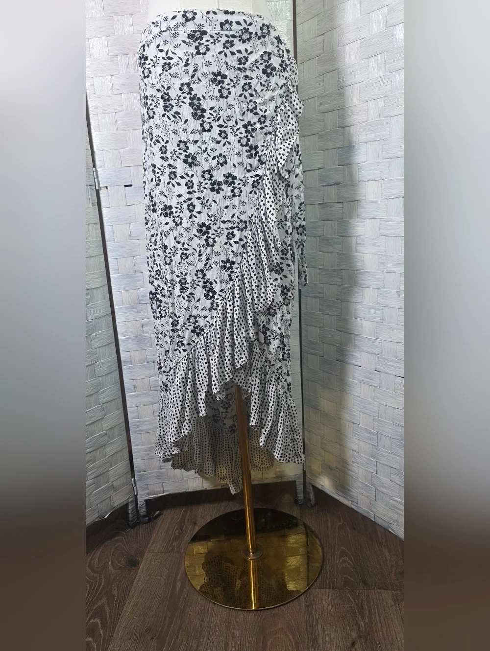 Maurices Black and White Asymmetrical Floral Ruffle Skirt